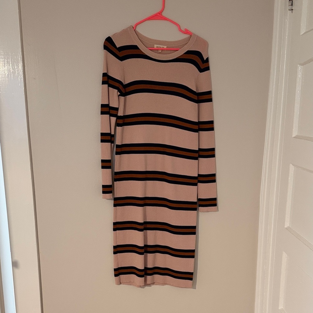 Striped Rib-Knit Midi Dress in Blush with Black & Mustard Stripes